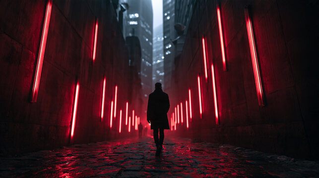 Man Walking Down Futuristic Alley with Red Neon Lights