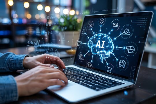 Artificial intelligence concepts displayed on a laptop screen with hands typing