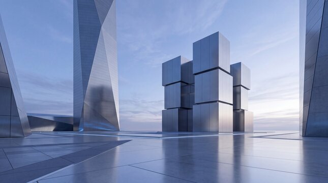 Futuristic Architecture with Geometric Metallic Cube Buildings