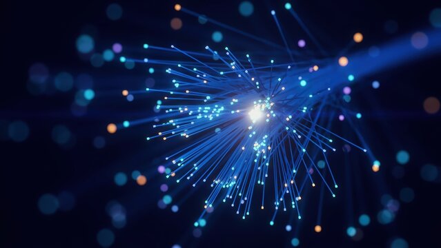 Glowing blue fiber optic cables transmitting data with light pulses in dark space. Abstract technology background for digital communication and high-speed internet connectivity.