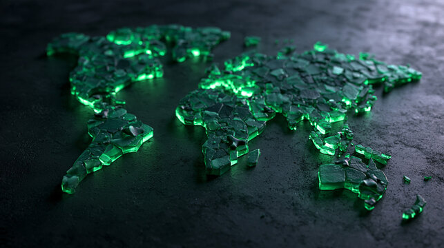 Shattered Green Glass World Map Environmental Crisis Concept