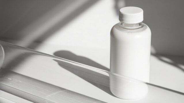 A white plastic bottle sits on a reflective surface with soft dramatic shadows. Useful for cosmetic or medicinal branding and product mockups.
