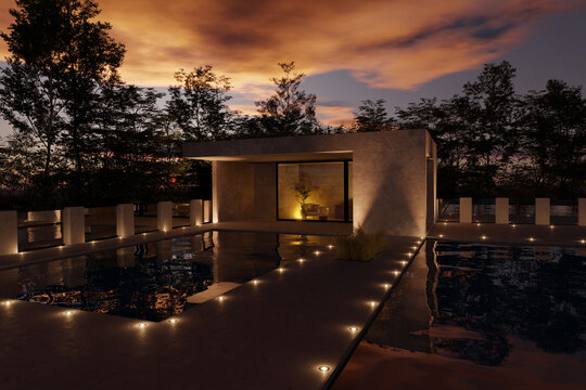3D Rendering of beautiful detached house with concrete plaster facade behind illuminated footbride and modern pond