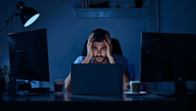 Stressed young man working late at night on a laptop in a dark office with multiple monitors