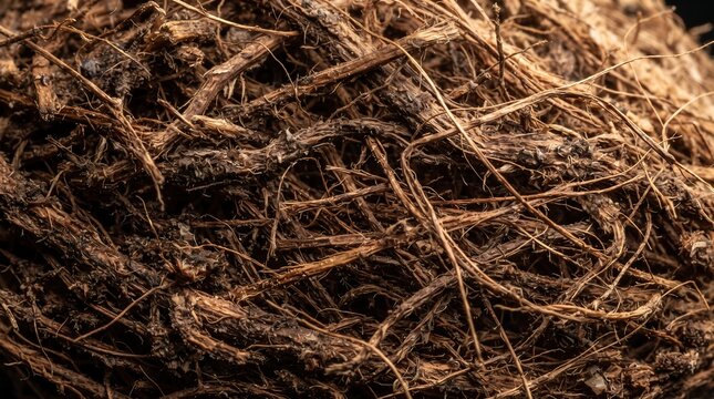 A close-up macro shot of a pile of dry, fibrous coconut coir, a natural and sustainable material used in gardening and horticulture