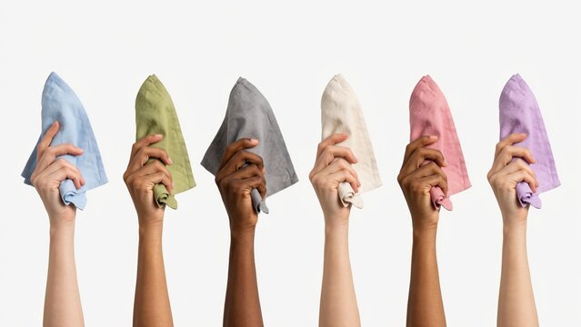 Diverse hands holding colorful linen napkins isolated on white background. Symbolizes unity, eco-friendly lifestyle, and sustainable kitchen product concepts.