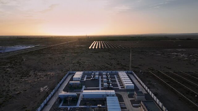 energy storage power station in desert at sunset