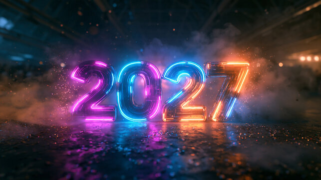 Glowing Neon 2027 Numbers in Futuristic Cyberpunk Atmosphere