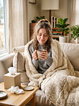 Young sick woman wrapped in wool blanket sits on sofa holding steaming cup of tea, with tissue box and used paper on table. Autumn seasonal cold, flu, sickness, illness, healthcare concept, copy space