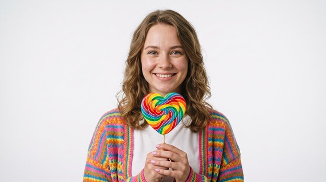 young Caucasian woman colorful clothes holding heart lollipop white background  
