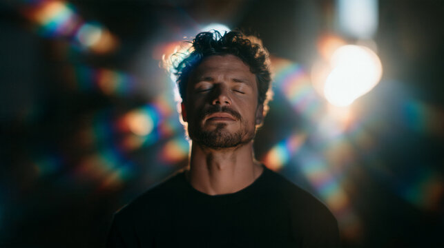 Serene Man Meditating in Prismatic Rainbow Light Glow