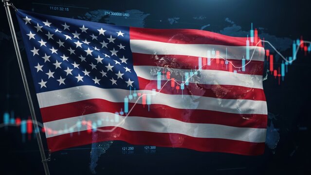 American flag waving over a digital stock market chart with a world map background. This graphic represents US financial and economic investment market trends.