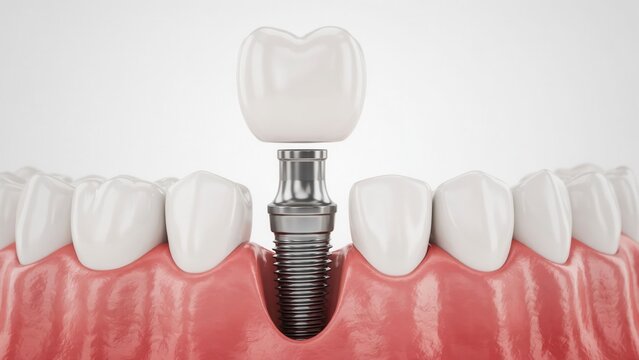 Dental implant being placed into gum line isolated on white background. Illustration showing oral health treatment and medical procedure for dental advertising.