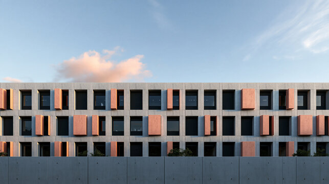Modern Building Facade with Concrete and Orange Shutters