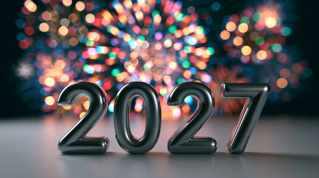 Year 2027 Metallic Numbers with Festive Fireworks Bokeh