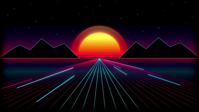 80s synthwave retro sun and neon 3d wireframe grid horizon seamless loop