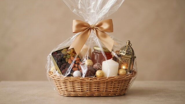 A beautifully wrapped gift basket filled with sweets, nuts, and a decorative lantern. Perfect for Ramadan celebrations or festive corporate gifting.