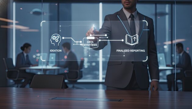 Businessman in a suit touches a digital holographic screen for data synthesis and finalized reporting in a modern office boardroom.