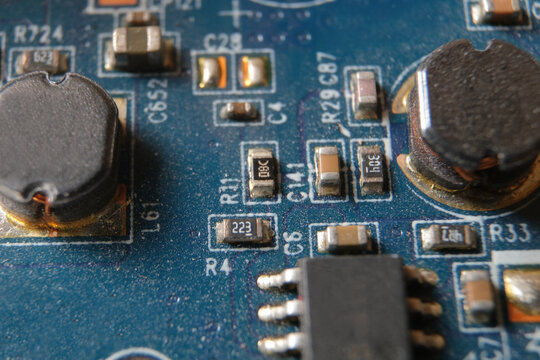 Close up of smd electronic components. Focused on resistors and capacitors.