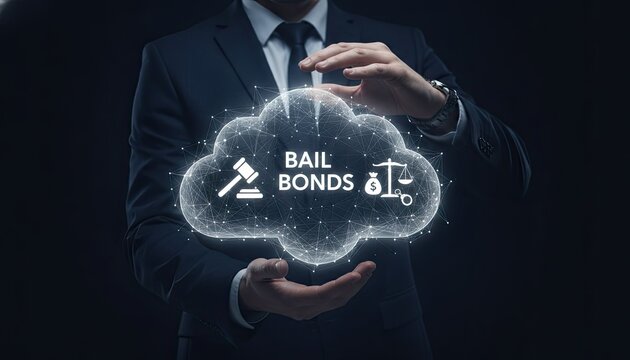 Professional businessman in suit holds glowing holographic cloud icon displaying symbols of legal justice to represent bail bonds industry services today.