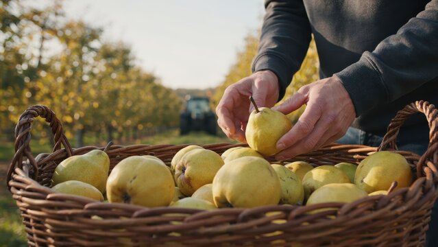 A farmer places a fresh ripe pear into a woven basket in an orchard at sunset. Ideal for organic produce and agricultural harvest concepts.