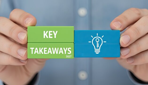 Hands hold green blocks with text and blue block with lightbulb icon representing strategic key takeaways for planning period.