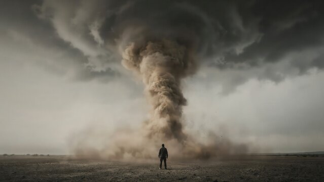 A man stands facing a massive dark tornado on a barren landscape. This dramatic image symbolizes resilience and facing overwhelming challenges in life.