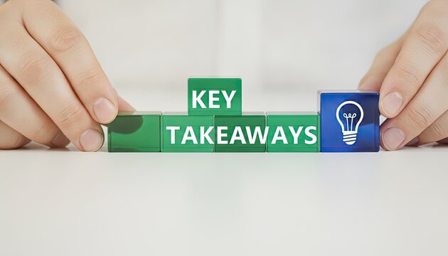 Hands hold green cubes labeled key takeaways and a blue cube with a lightbulb symbol to emphasize learning and development.