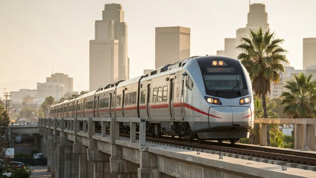 Modern commuter train moves on elevated tracks through a downtown cityscape at sunset. Concept for efficient urban public transport and city infrastructure growth.