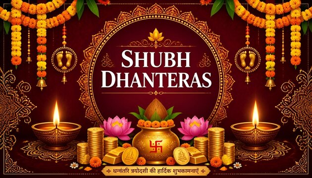 Shubh Dhanteras Greeting Banner with Glowing Diyas, Golden Hanging Lamps and Festive Red Background