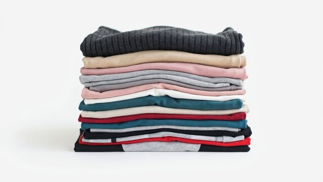 A neat stack of folded colorful shirts isolated on white background. Useful for laundry service, fashion retail, or home organization concepts.