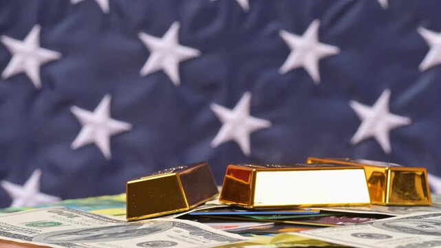 featuring US dollar and euro banknotes and gold bars.