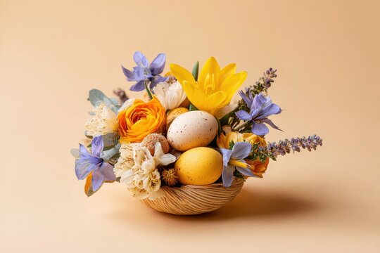 Spring easter basket with flowers and eggs