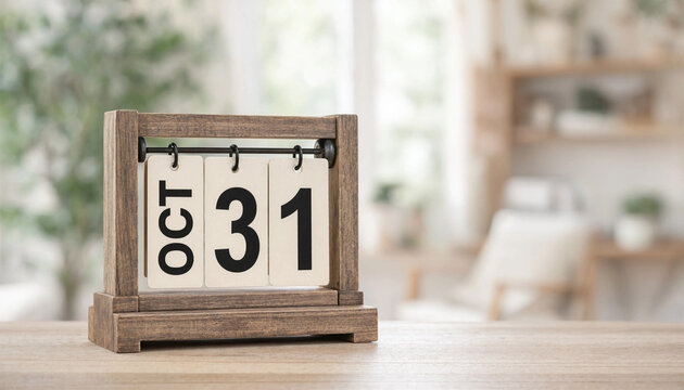 Wooden block calendar displaying the date of October thirtyfirst on a wooden table