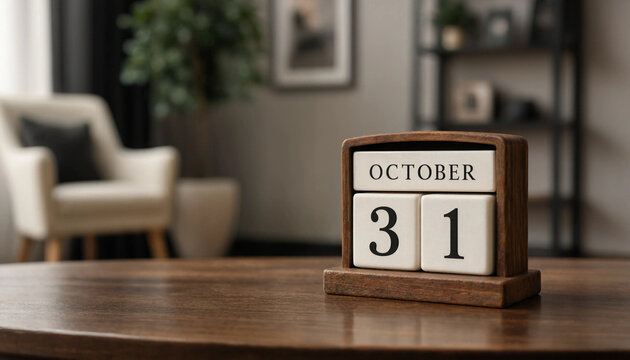 Wooden block calendar showing the date of october thirty first on a table