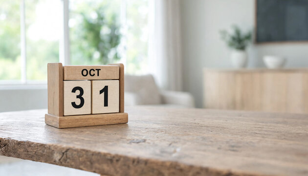 Wooden perpetual block calendar showing October thirtyfirst on a rustic table inside a bright room