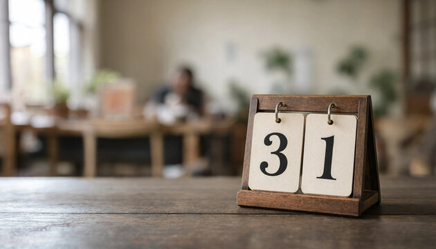 Wooden desk calendar showing number thirty one standing on table in cafe