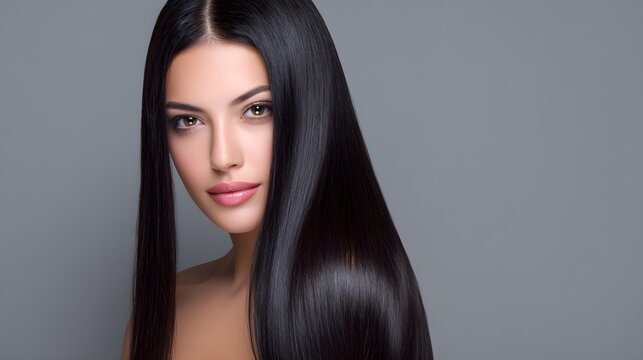 Beautiful woman with long, smooth, and shiny dark hair. Natural makeup accents for hair care and beauty ads. brunette model with sleek, lon, straight black hair