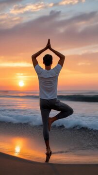 A person practicing yoga on the beach during a vibrant sunset. The serene ocean and colorful sky create a peaceful atmosphere for meditation and balance