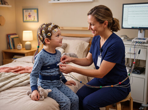 Female Healthcare Worker Preparing Child for Sleep Study Examination