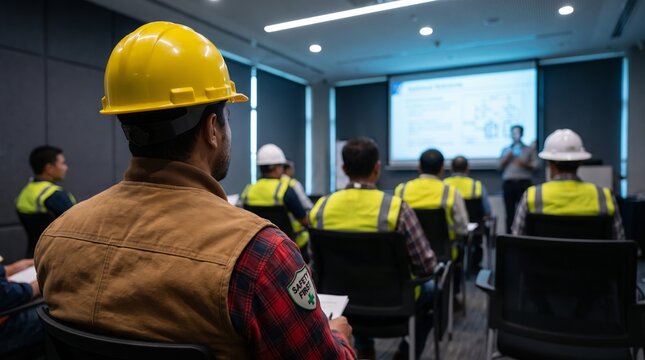 Focused industrial worker wearing bright yellow hard hat attends a technical seminar presentation while dressed in professional safety gear clothing