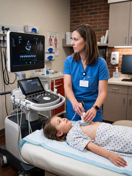 Pediatrician performing a heart ultrasound on a young patient