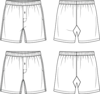 Men boxers technical CAD flat sketch vector template, front and back views for fashion apparel design,
