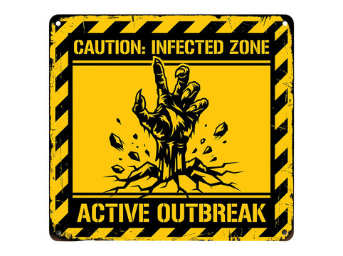 Caution Infected Zone Active Outbreak Square Warning Sign with Zombie Hand Rising from Ground Isolated on Transparent Background
