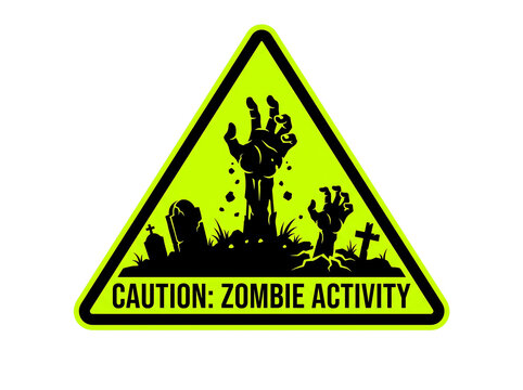Caution Zombie Activity Triangular Warning Sign with Undead Hands Rising from Graveyard Isolated on Transparent Background