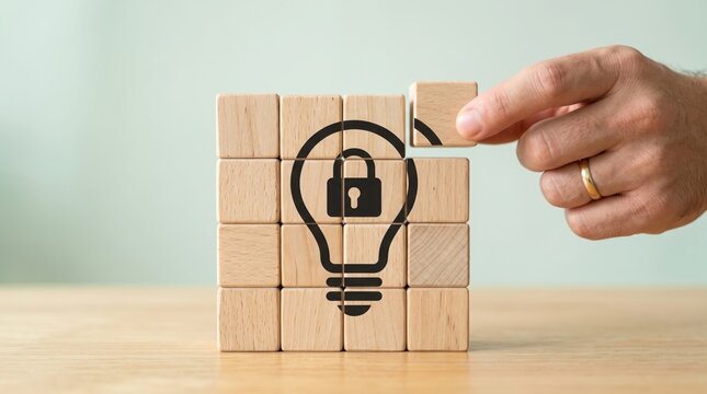 Wooden block structure features a lightbulb icon with a secure padlock symbol being completed by a male hand holding piece