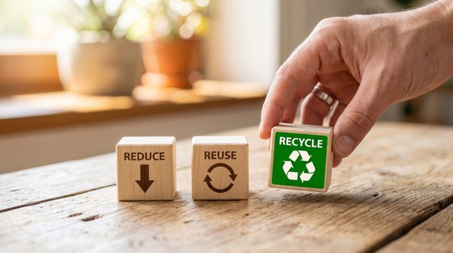 Hand arranging wooden blocks showcasing the essential environmental concepts of reduce, reuse, and recycle with bright green eco-friendly symbols today.