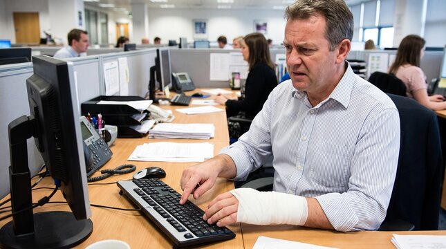 Injured office worker with bandaged hand typing on keyboard at desk