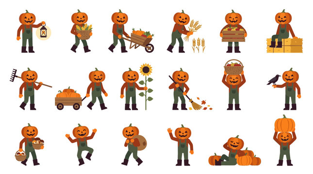 Pumpkin Head Farmer Character Collection Set for Autumn Harvest