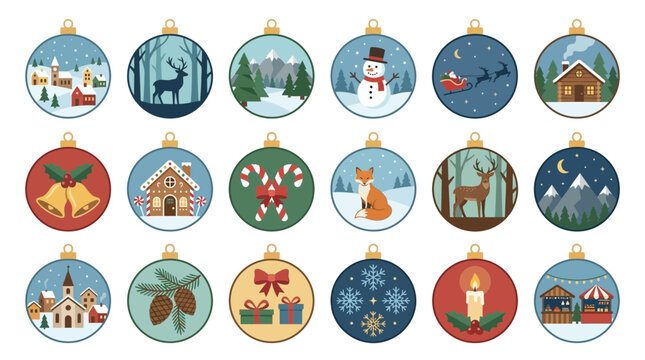 Set of Christmas Ornaments with Festive Winter Landscapes and Seasonal Decorations